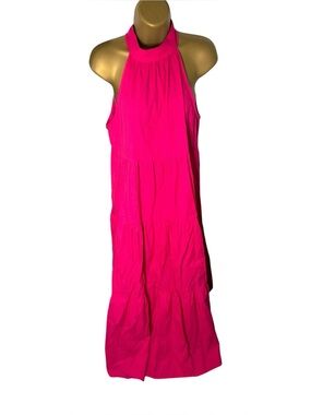 TCEC Tiered Halter Maxi Dress High Neck Sleeveless Hot Pink Small